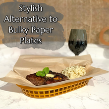 Load image into Gallery viewer, Boho Retro Style Gold Food Baskets (12pk) with Neutral Parchment Paper (2 x 60pk) Fast Food Baskets for Serving Plastic Food Baskets with Paper Liners Food Boats or Fast Food Tray