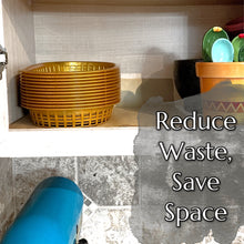 Load image into Gallery viewer, Boho Retro Style Gold Food Baskets (12pk) with Neutral Parchment Paper (2 x 60pk) Fast Food Baskets for Serving Plastic Food Baskets with Paper Liners Food Boats or Fast Food Tray