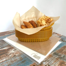 Load image into Gallery viewer, Boho Retro Style Gold Food Baskets (12pk) with Neutral Parchment Paper (2 x 60pk) Fast Food Baskets for Serving Plastic Food Baskets with Paper Liners Food Boats or Fast Food Tray