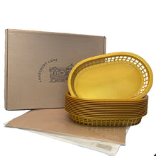Load image into Gallery viewer, Boho Retro Style Gold Food Baskets (12pk) with Neutral Parchment Paper (2 x 60pk) Fast Food Baskets for Serving Plastic Food Baskets with Paper Liners Food Boats or Fast Food Tray