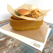 Load image into Gallery viewer, Boho Retro Style Gold Food Baskets (12pk) with Neutral Parchment Paper (2 x 60pk) Fast Food Baskets for Serving Plastic Food Baskets with Paper Liners Food Boats or Fast Food Tray
