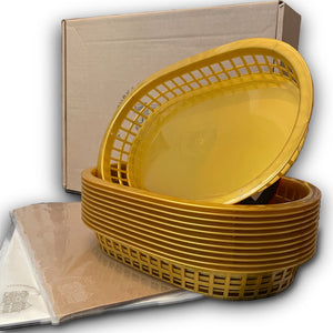 Boho Retro Style Gold Food Baskets (12pk) with Neutral Parchment Paper (2 x 60pk) Fast Food Baskets for Serving Plastic Food Baskets with Paper Liners Food Boats or Fast Food Tray